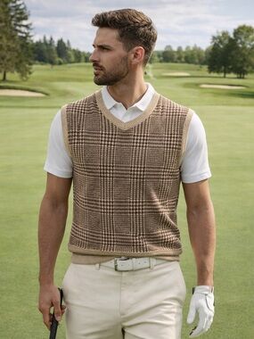 Structure Men’s Sweater Vest Camel Houndstooth V Neck Preppy Academia Wool Sz L